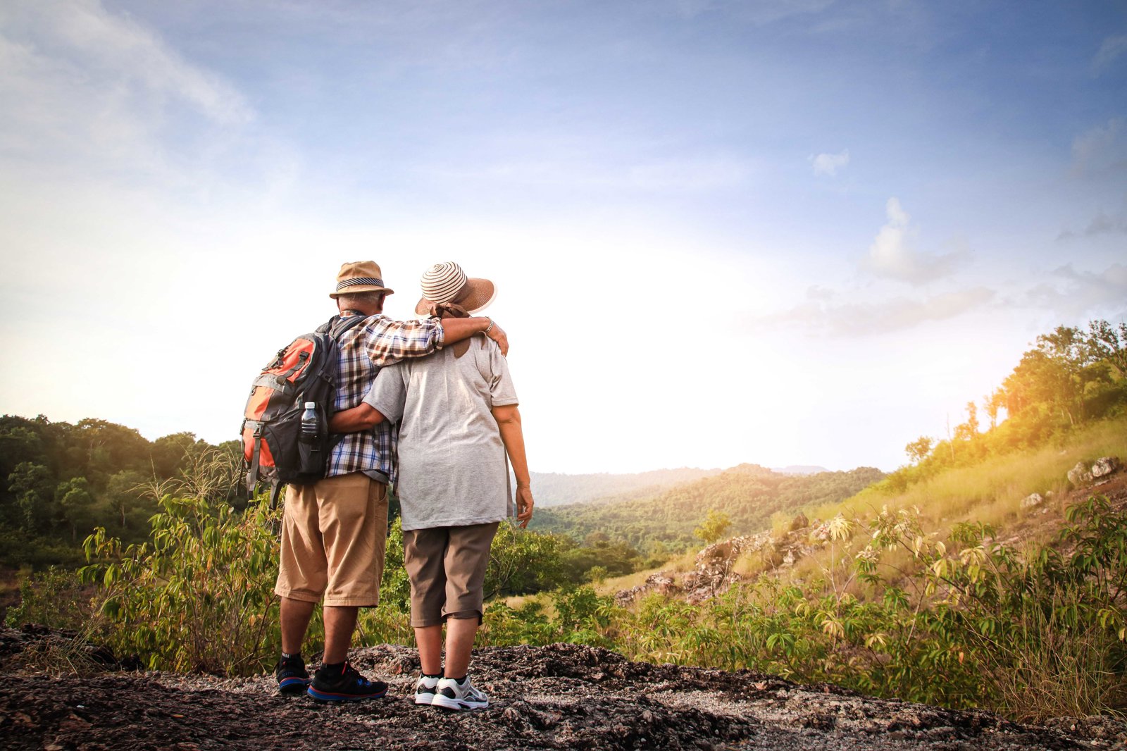 Elderly Couple Hiking Standing High Mountain Are Happy Retirement