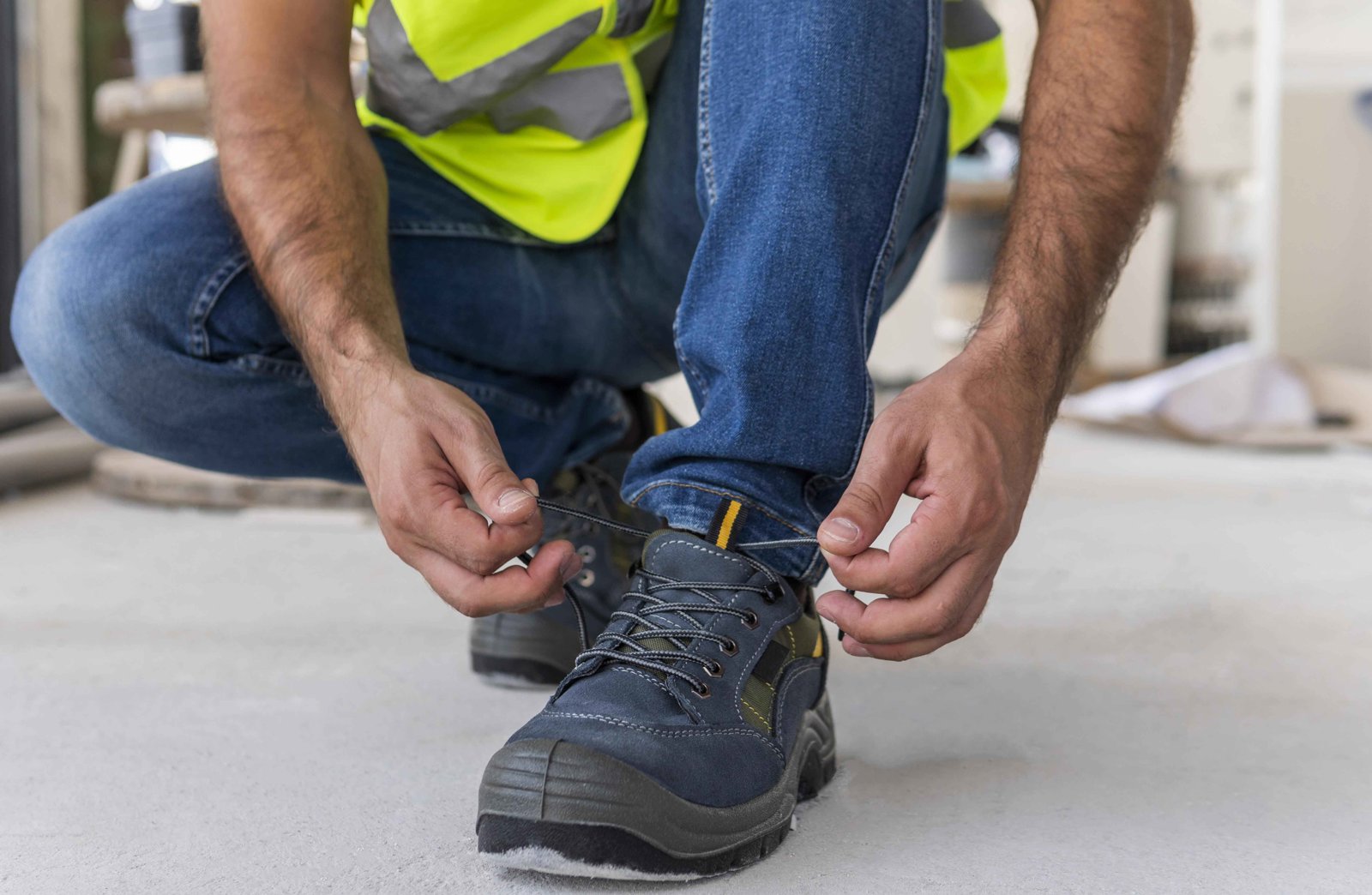 Worker Construction Site Tying His Shoes (1)