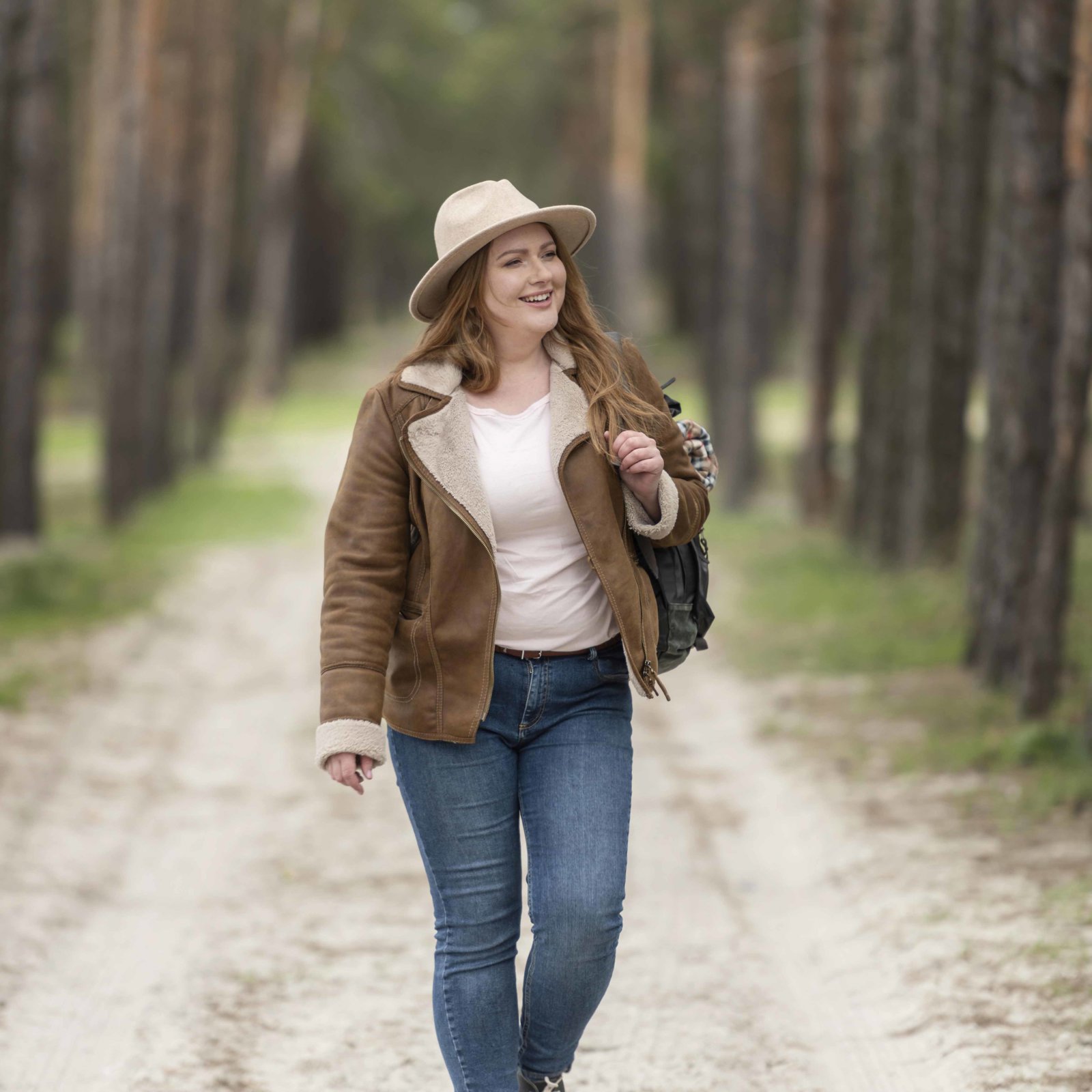 Full Shot Smiley Woman Walking Nature